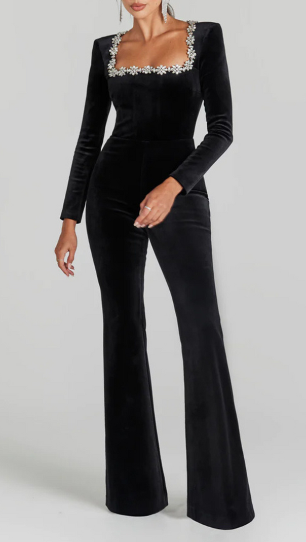 AIIZIE LONG SLEEVE CRYSTAL NECKLINE JUMPSUIT IN BLACK - product image