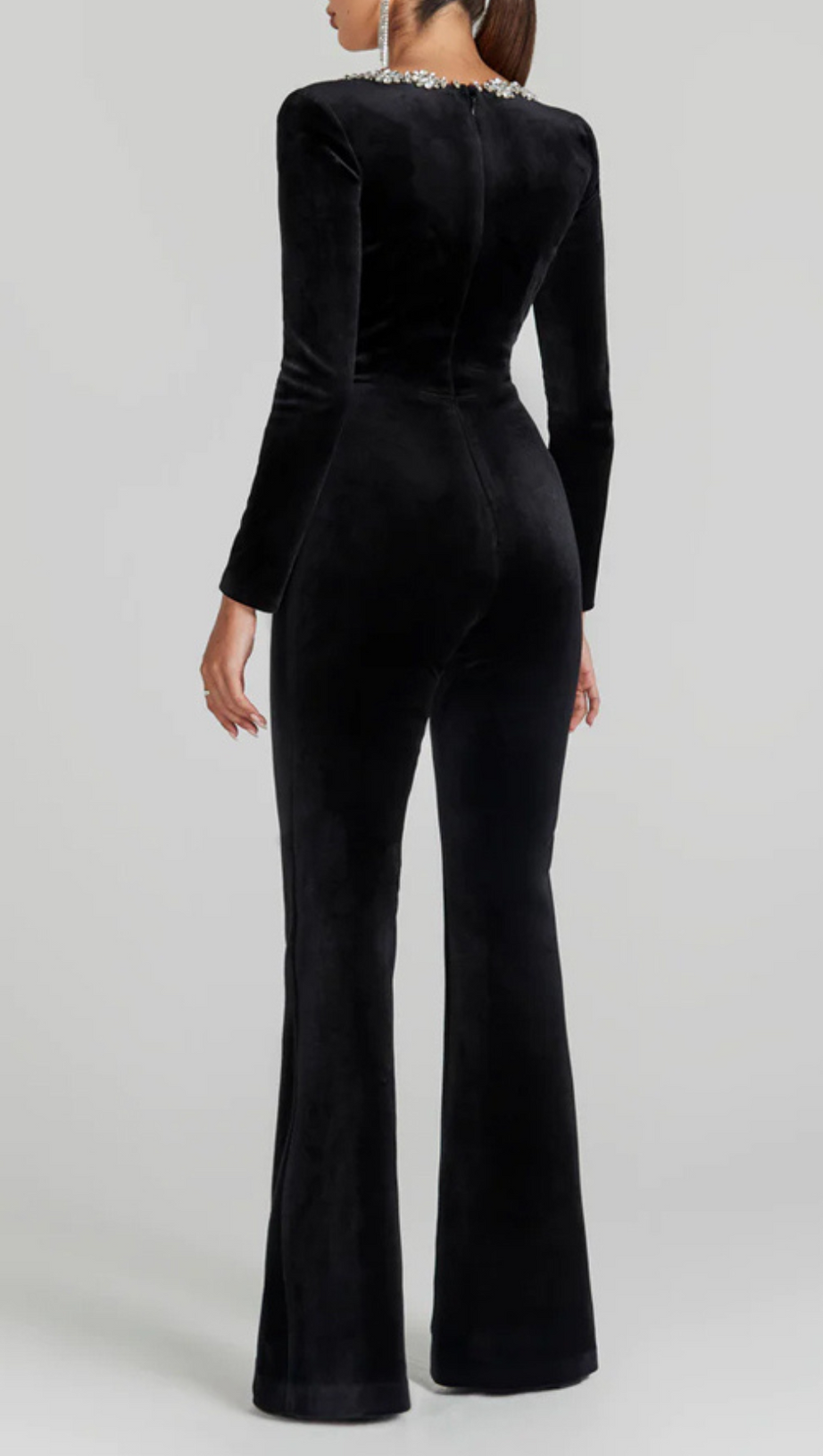 LONG SLEEVE CRYSTAL NECKLINE JUMPSUIT IN BLACK