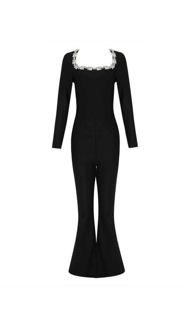 AIIZIE LONG SLEEVE CRYSTAL NECKLINE JUMPSUIT IN BLACK - product image