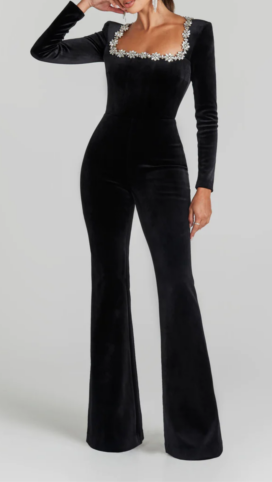 LONG SLEEVE CRYSTAL NECKLINE JUMPSUIT IN BLACK