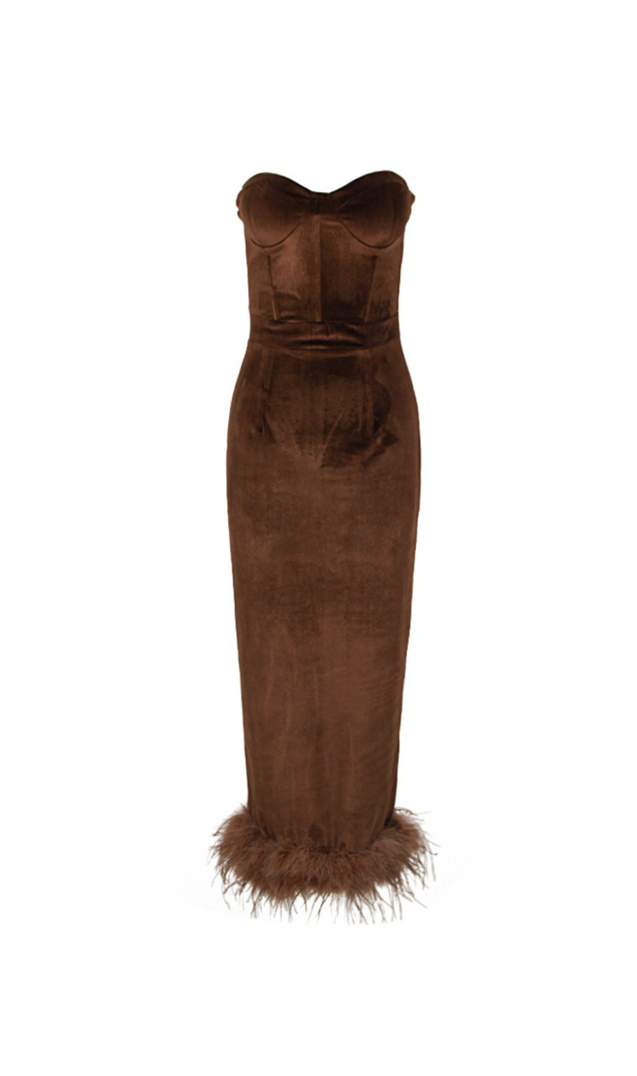 STRAPLESS BUSTIER FEATHER HEM MIDI VELVET DRESS BROWN