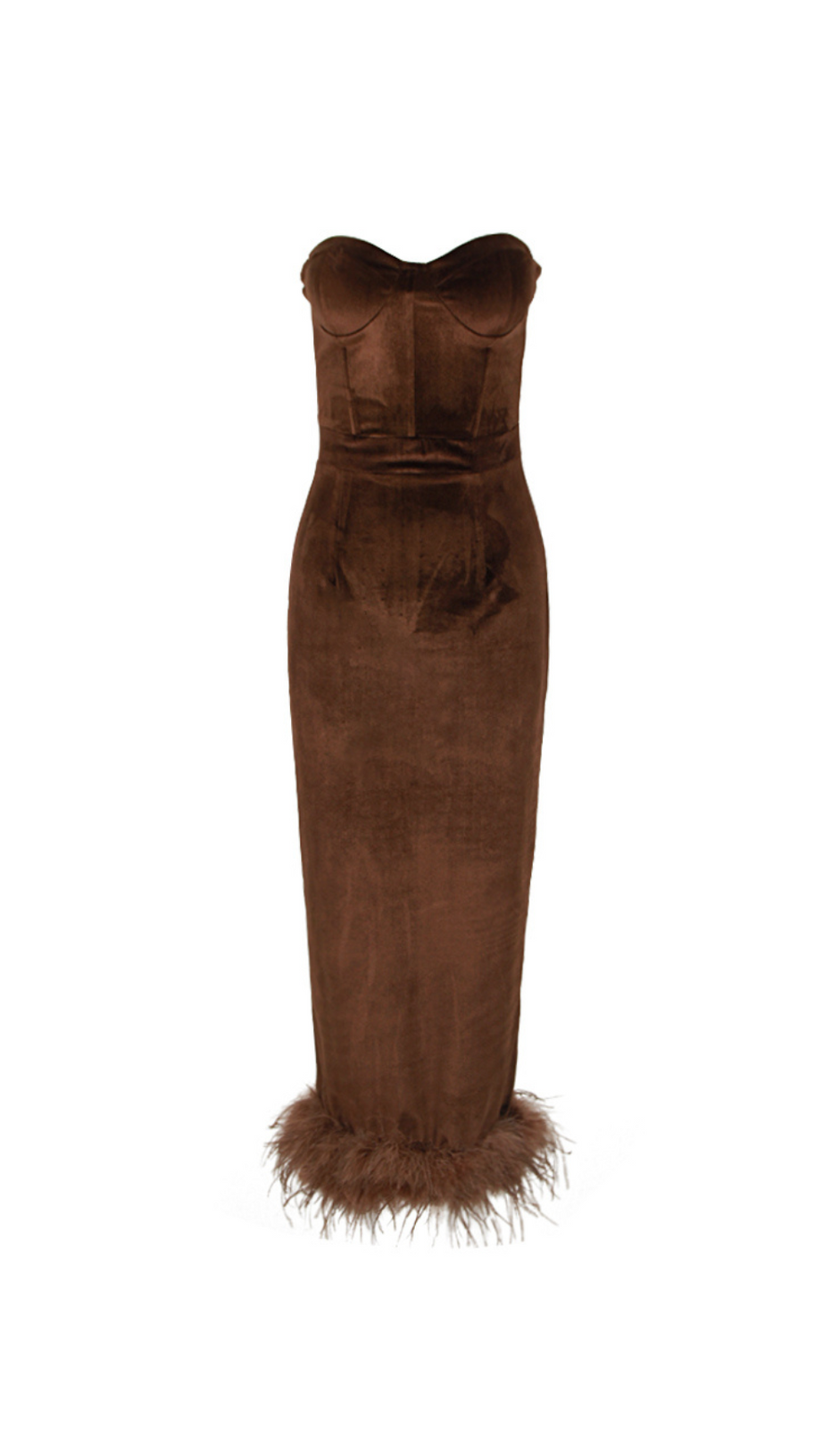 STRAPLESS BUSTIER FEATHER HEM MIDI VELVET DRESS BROWN