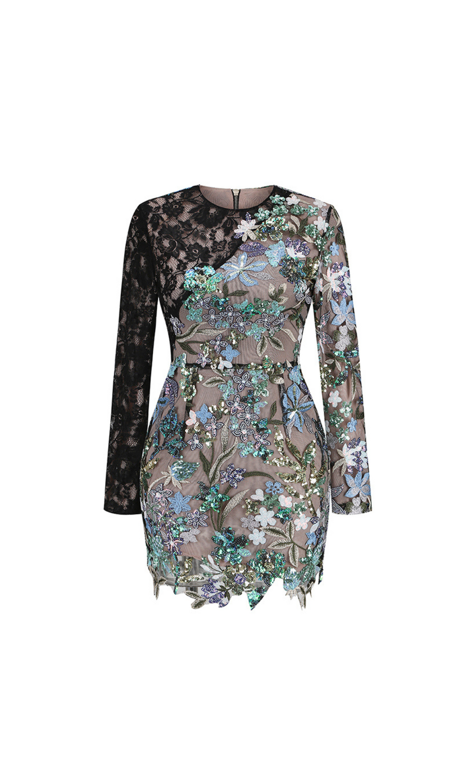 LANGÄRMELIGES SPITZENKLEID MIT PAILLETTEN UND BLUMEN 