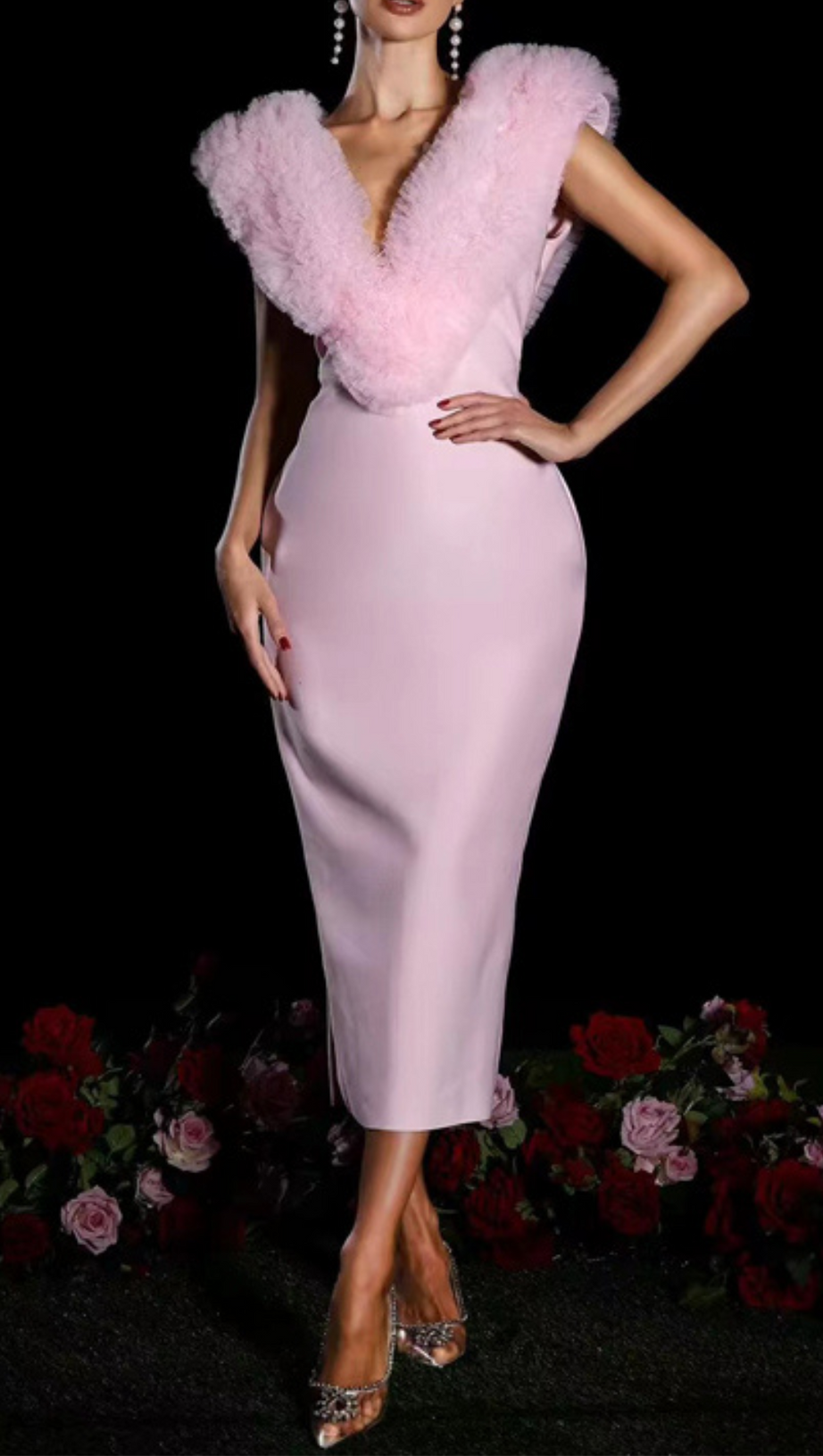 PINK SLEEVELESS FAUX FUR MIDI DRESS