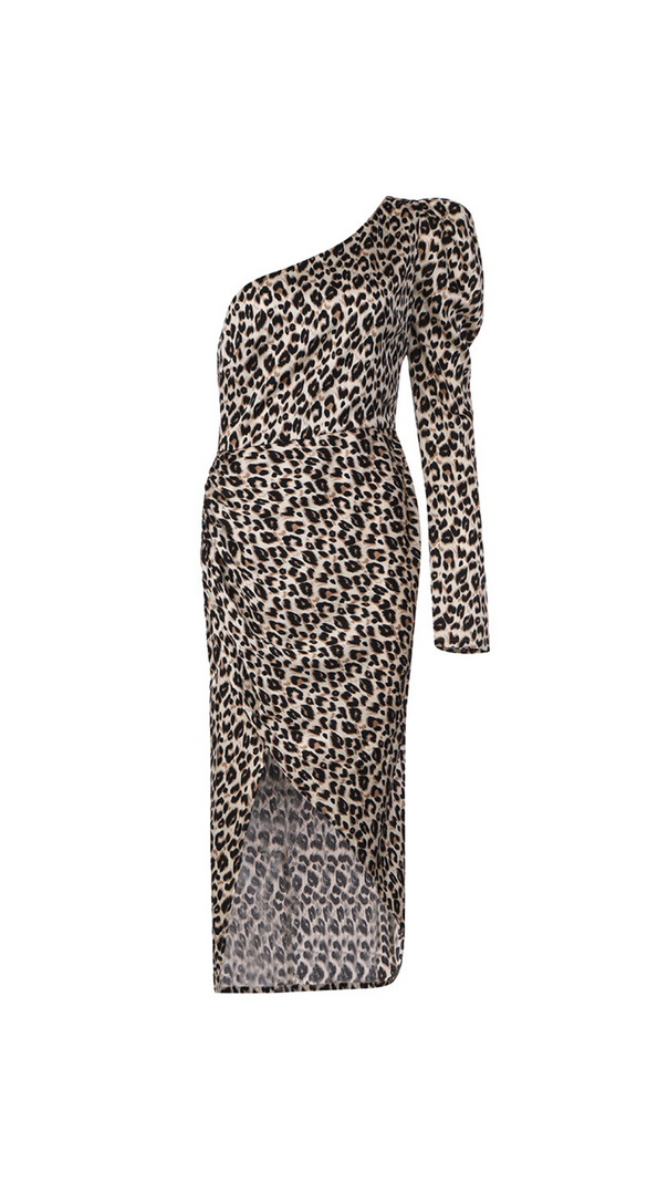 AIIZIE LEOPARD PRINT ONE SHOULDER TIE SIDE WRAP DRESS - product image