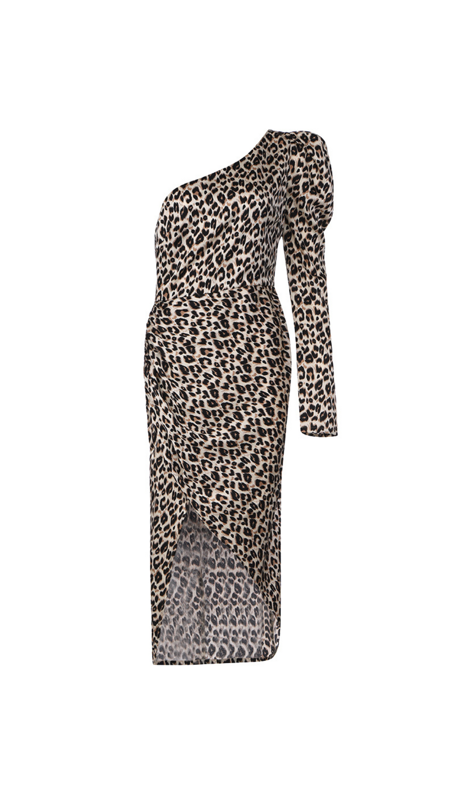 Wickelkleid mit Leopardenmuster und einer Schulter sowie seitlicher Schleife 
