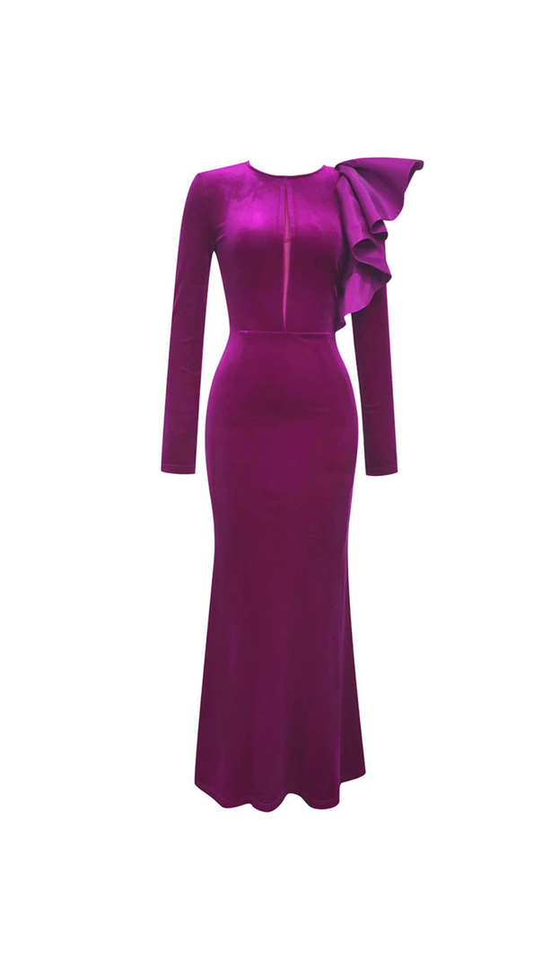 AIIZIE HOLLOW-OUT LOTUS SLEEVE VELVET FISHTAIL DRESS - product image