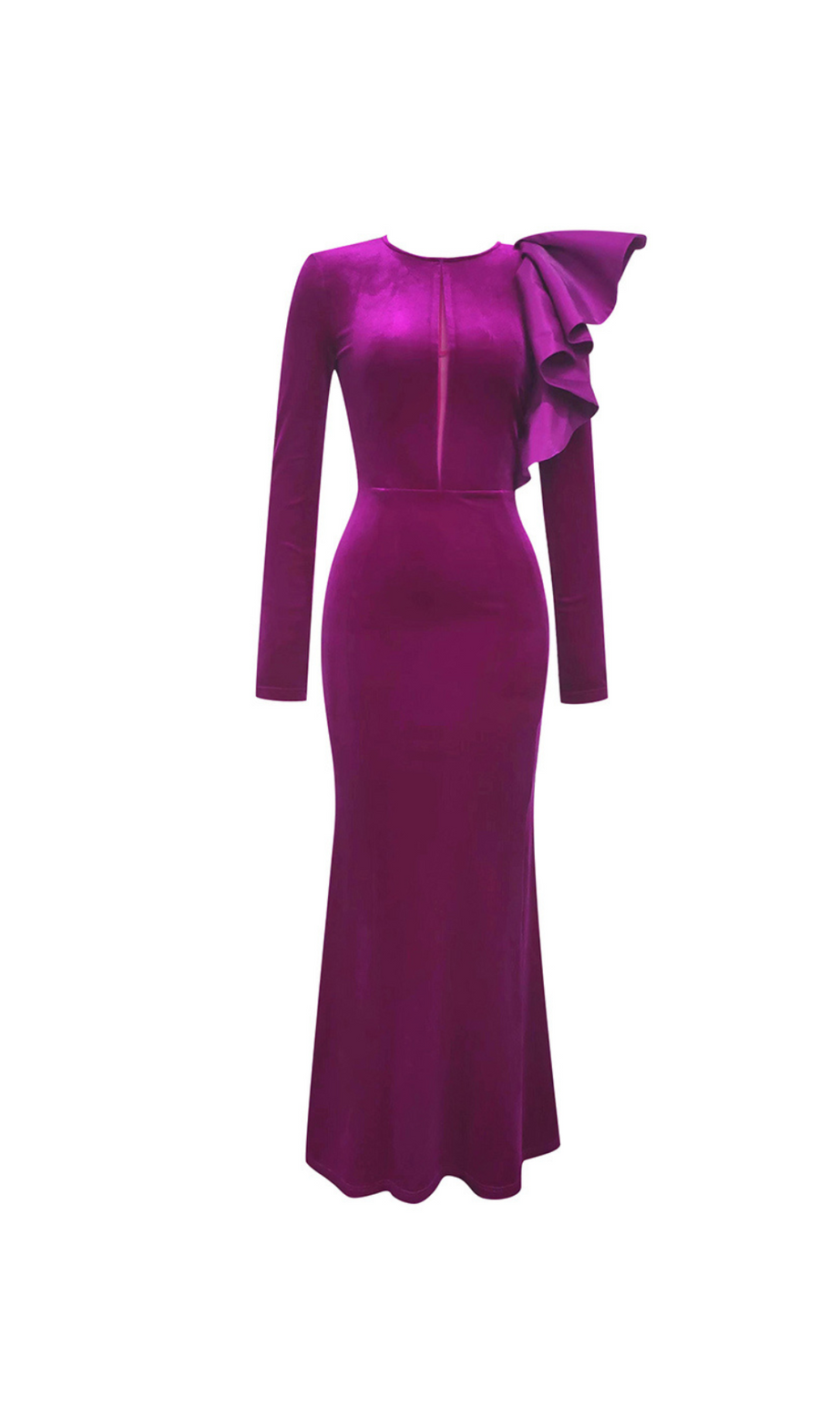 AUSGEHÖHLTES KLEID AUS SAMT MIT FISCHSCHWANZ UND LOTUSÄRMELN 