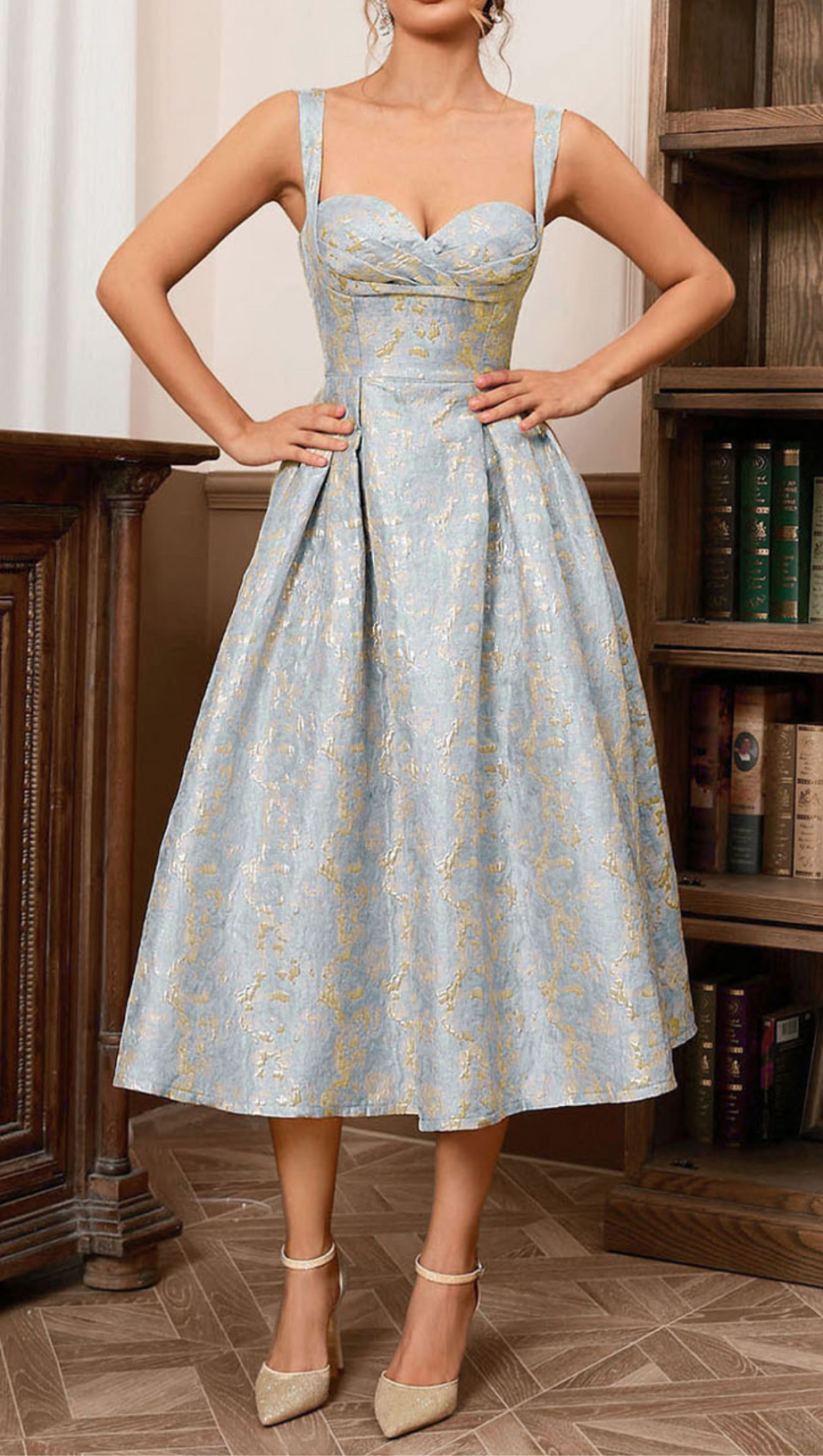 ABITO MIDI A LINEA BUSTIER ORO ACQUA 