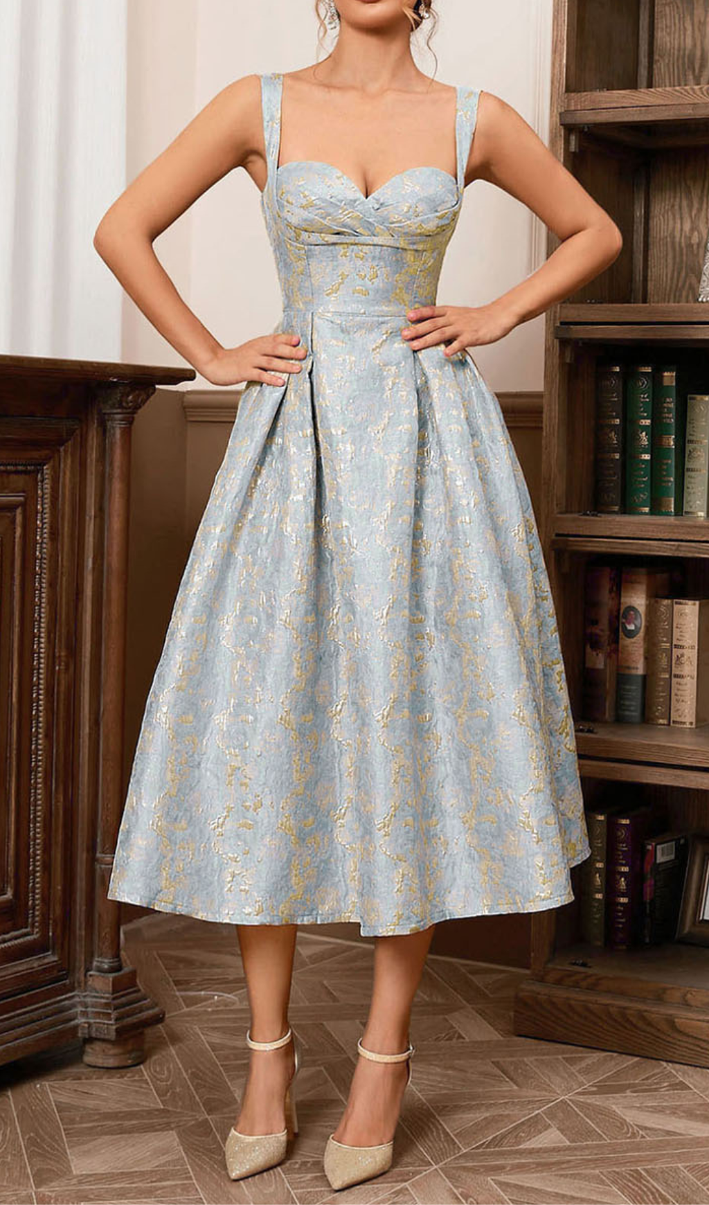 ABITO MIDI A LINEA BUSTIER ORO ACQUA 