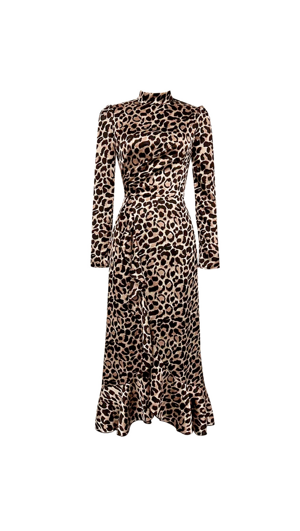 AIIZIE LEOPARD PRINT MOCK NECK RUFFLE TRIM WRAP HEM DRESS - product image