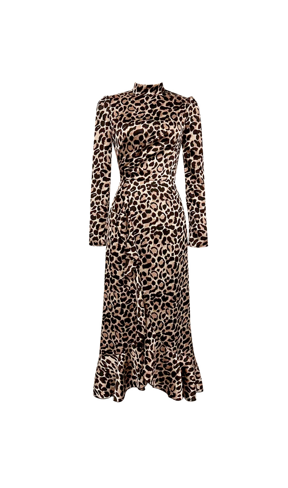 Kleid mit Rollkragen, Rüschenbesatz und Wickelsaum im Leopardenmuster 