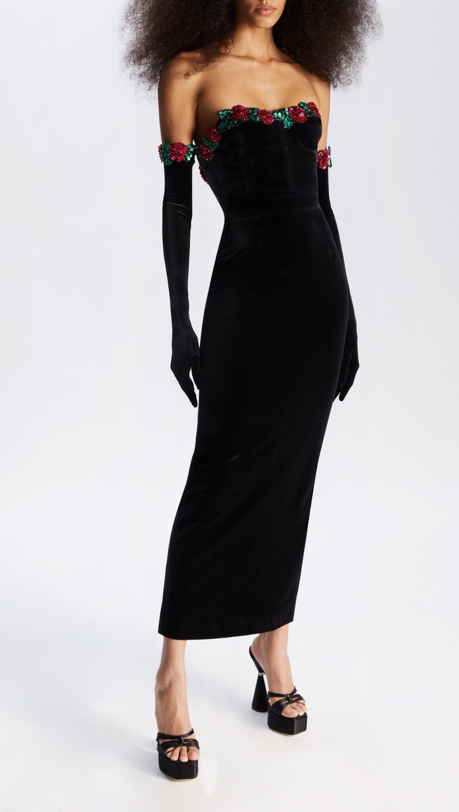 FLORAL DETAIL STRAPLESS MIDI VELVET DRESS IN BLACK