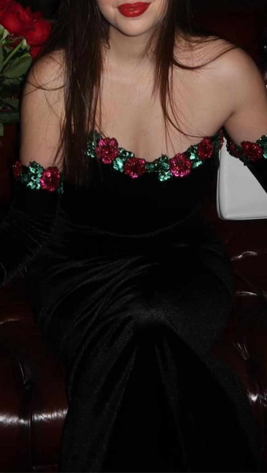 FLORAL DETAIL STRAPLESS MIDI VELVET DRESS IN BLACK