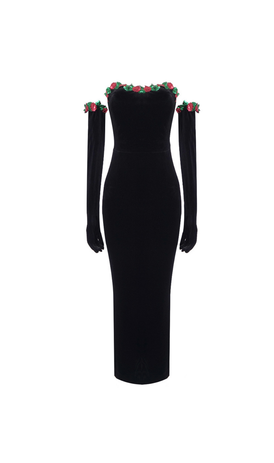 TRÄGERLOSES MIDI-SAMTKLEID MIT BLUMENDETAILS IN SCHWARZ 