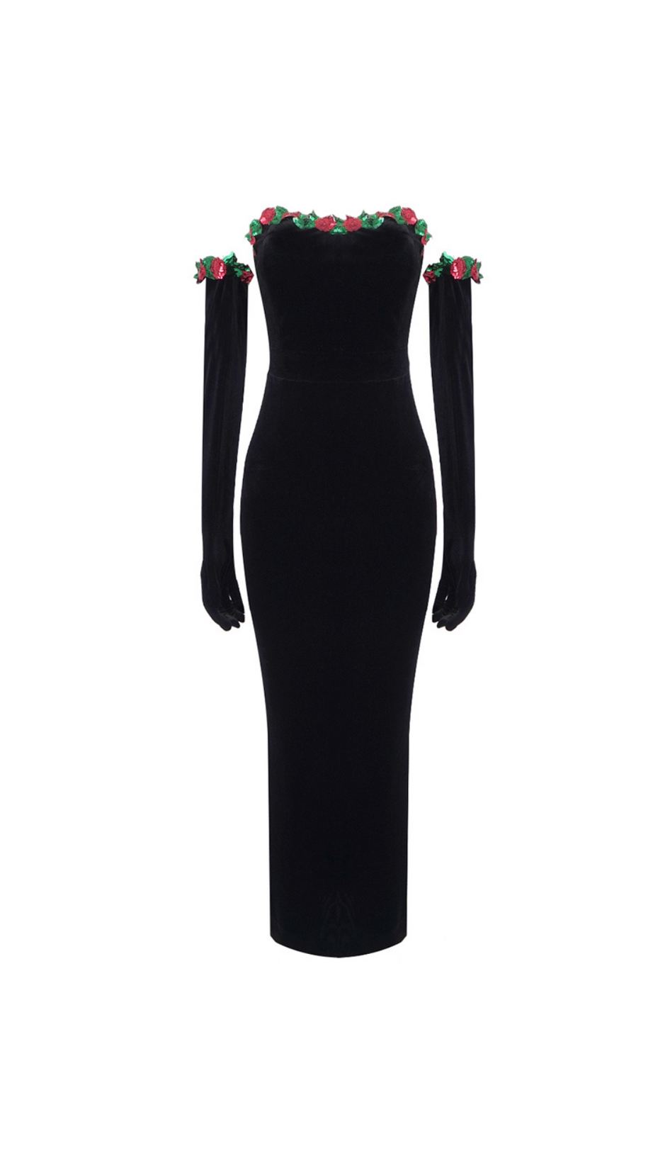 FLORAL DETAIL STRAPLESS MIDI VELVET DRESS IN BLACK