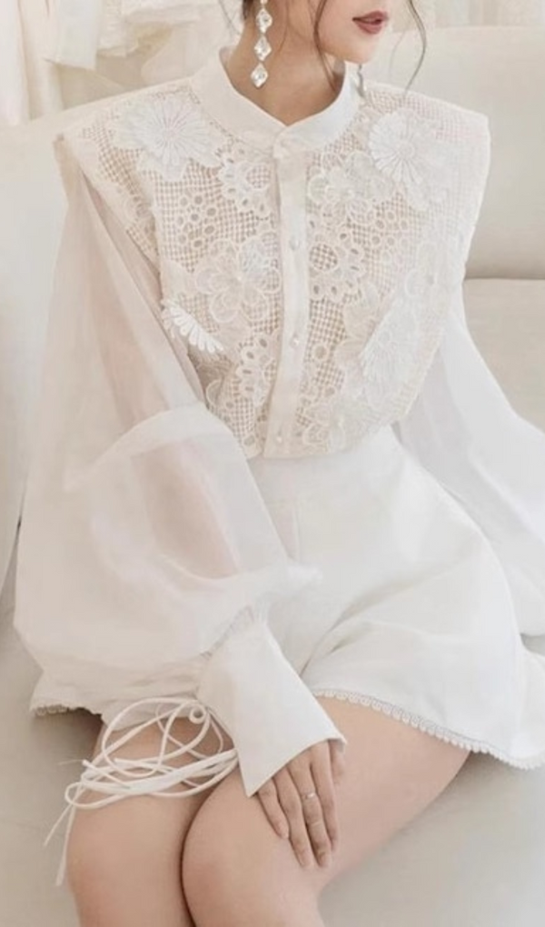 LACE LANTERN SLEEVE SHIRT TOP SHORTS SUIT