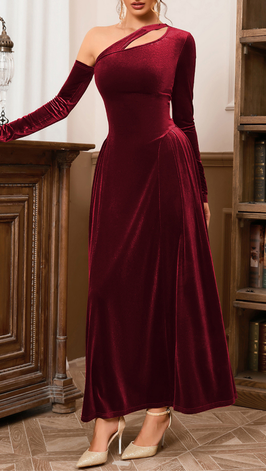 LONG SLEEVE STRAPLESS VELVET A-LINE DRESS