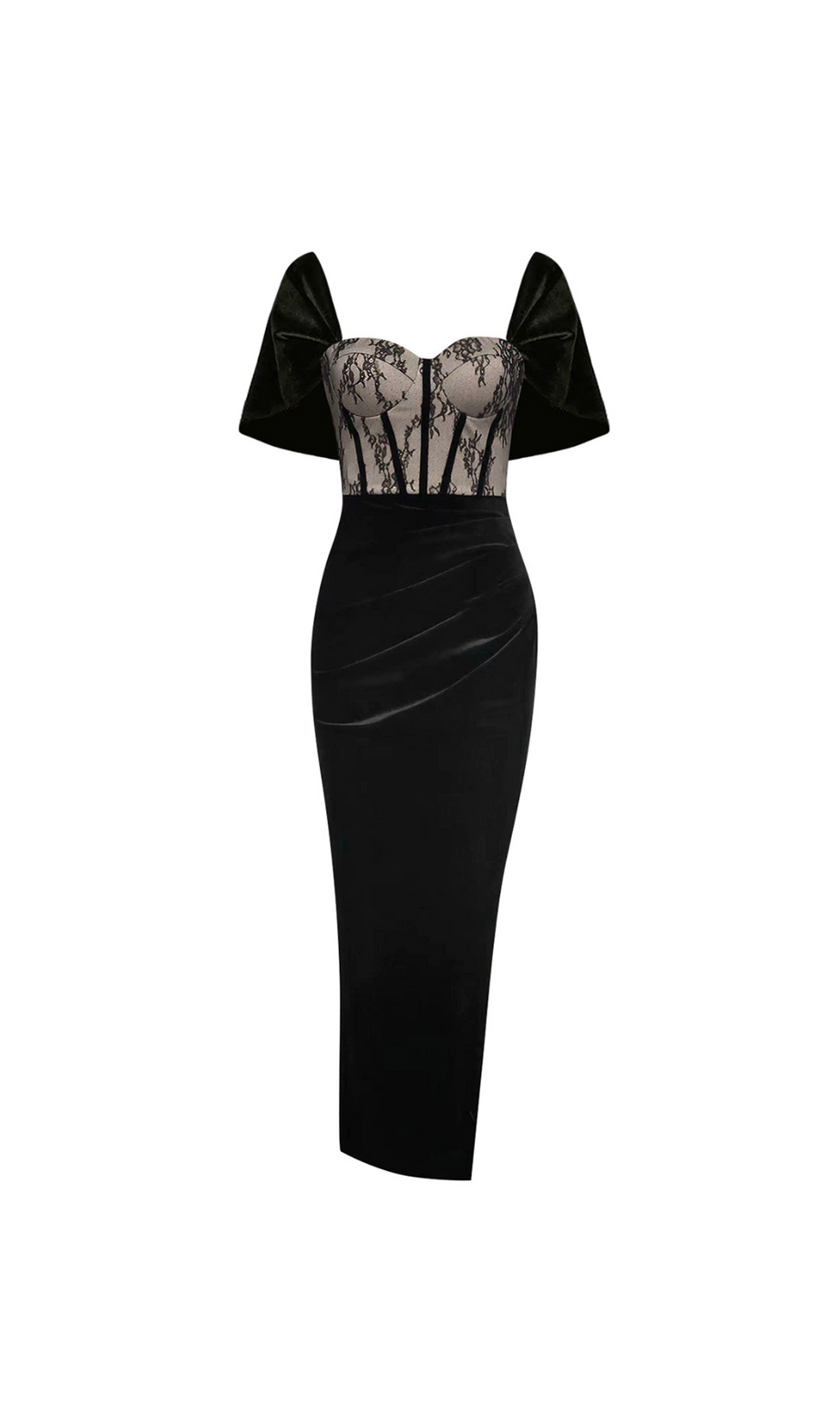 SPITZENKORSETT-MAXIKLEID AUS SAMT SCHWARZ 