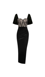 LACE CORSET MAXI VELVET DRESS BLACK