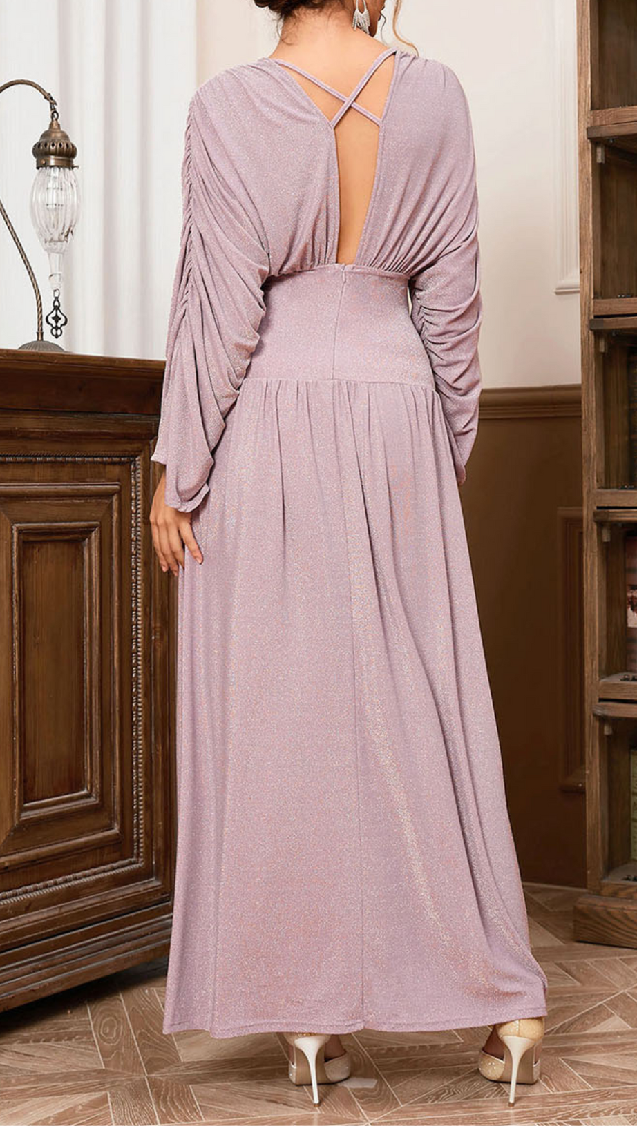DEEP V-NECK LONG SLEEVE MAXI DRESS