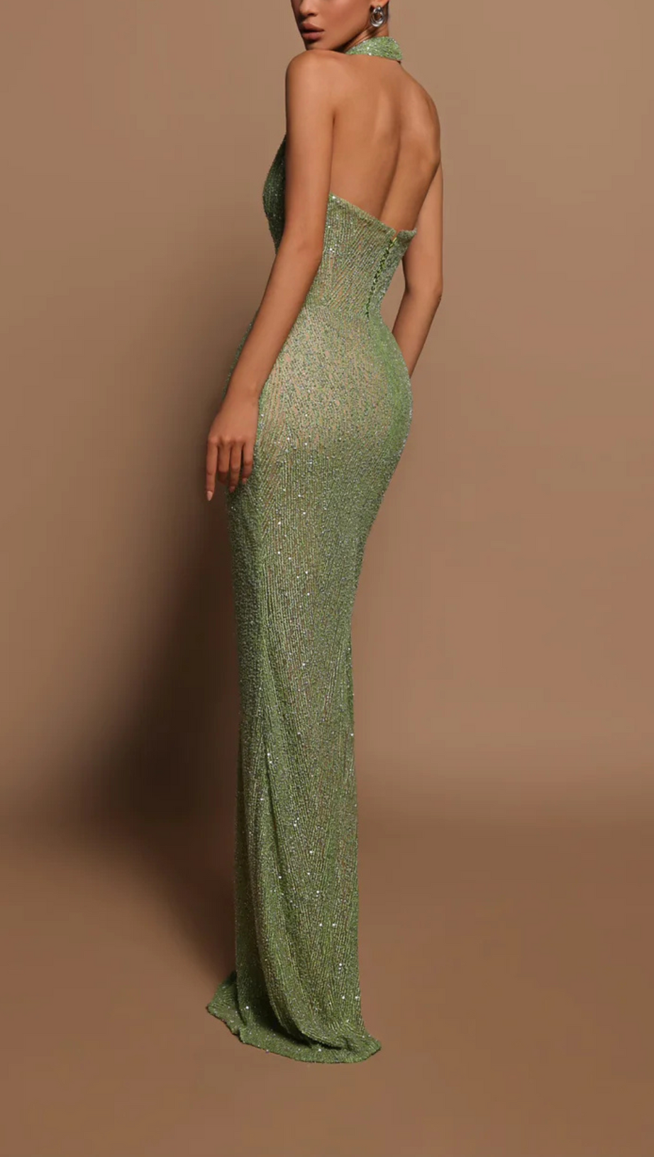 LIGHT GREEN HALTER SLEEVELESS MERMAID GOWN WITH SEQUINS