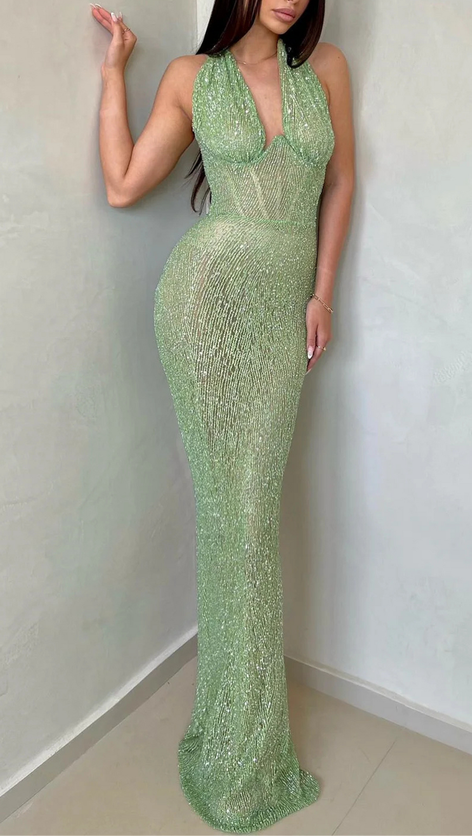 LIGHT GREEN HALTER SLEEVELESS MERMAID GOWN WITH SEQUINS