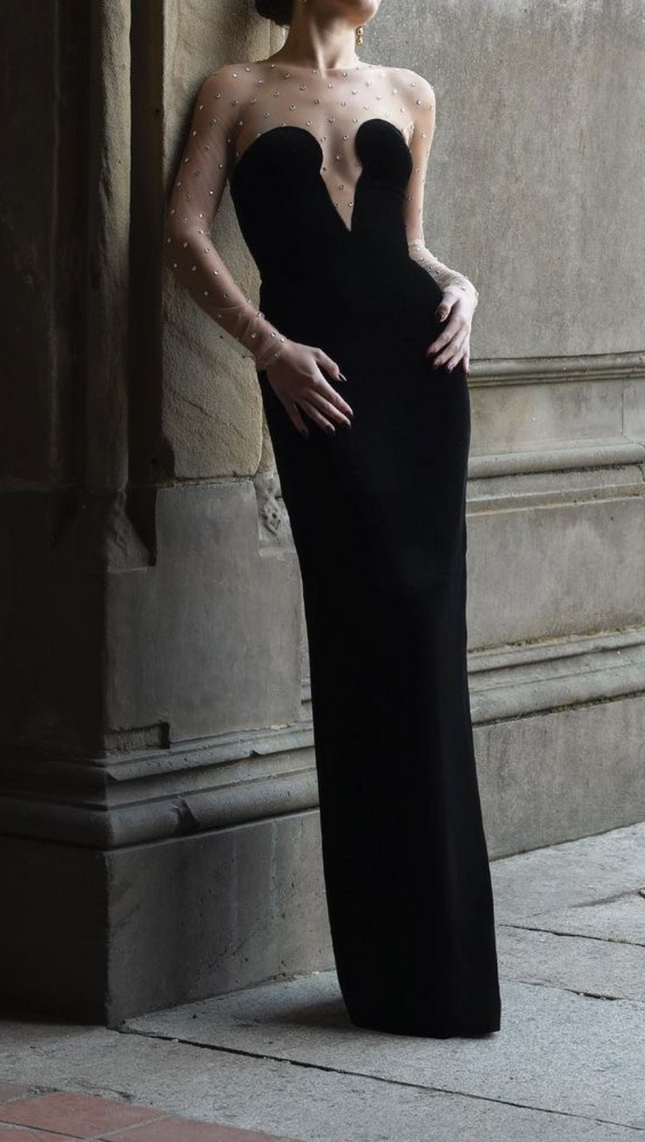 CRYSTAL MESH LONG SLEEVE VELVET MAXI DRESS