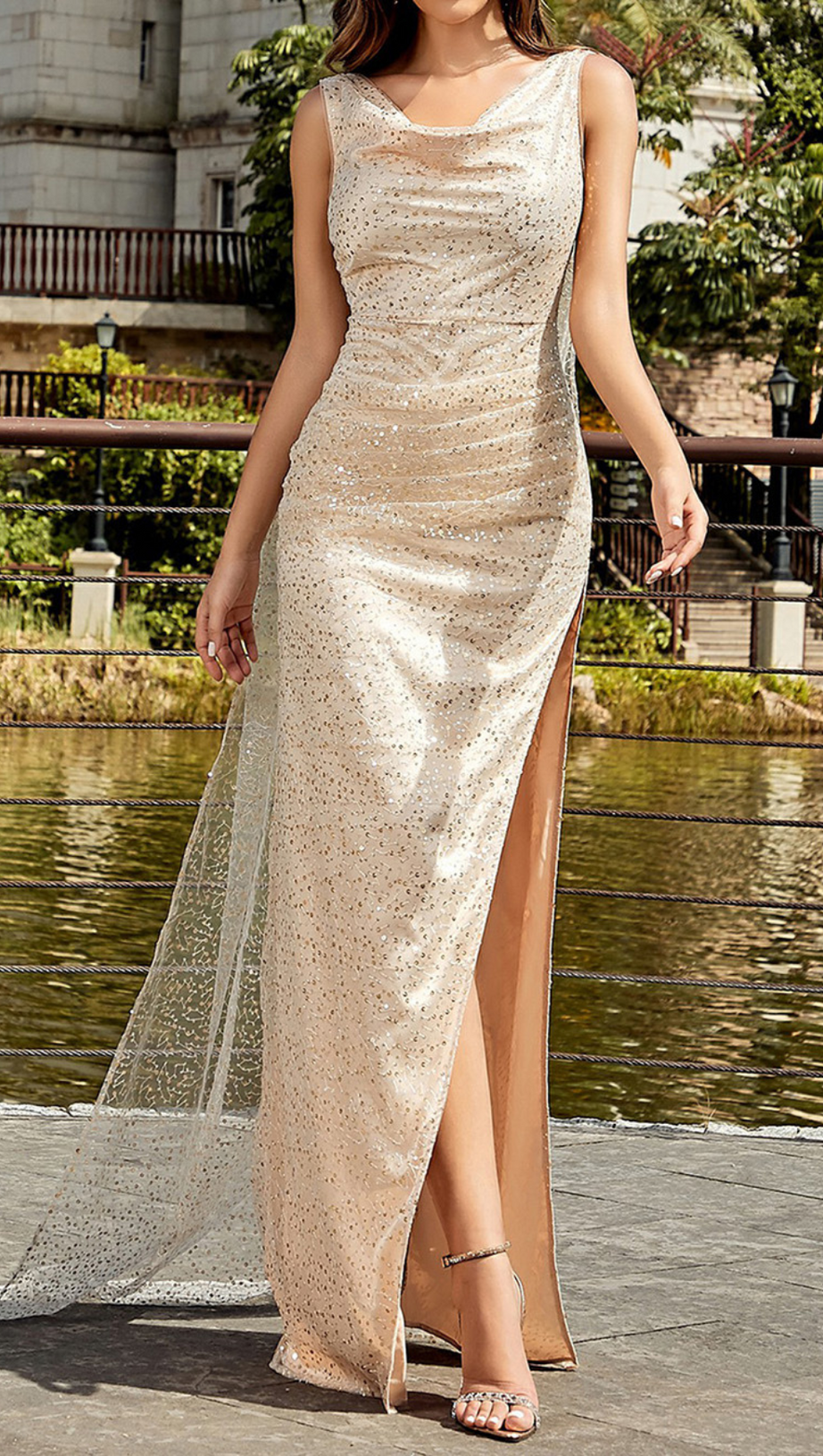 SEQUINS SLEEVELESS SPLIT MAXI DRESS