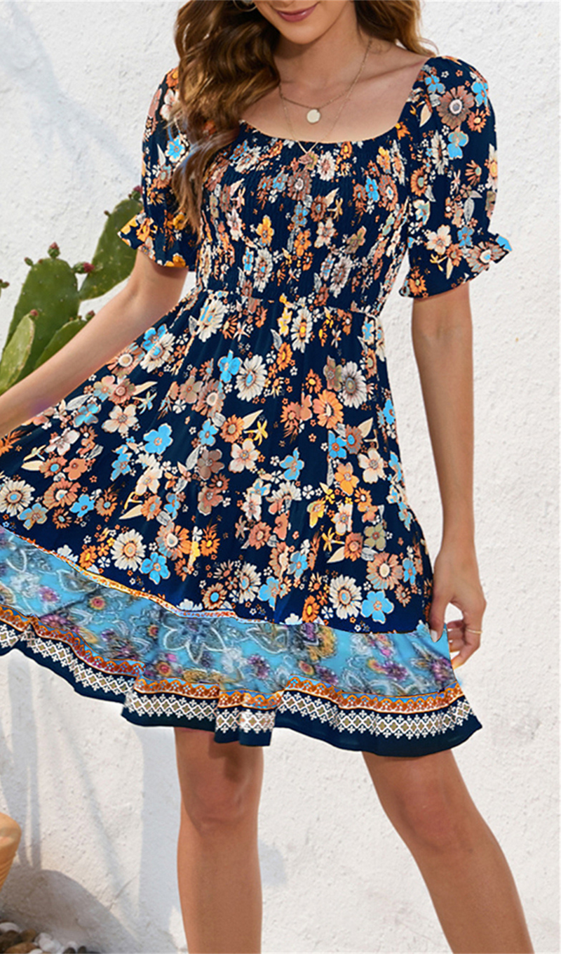 FLORAL PRINT RUFFLE PUFF SLEEVE DRESS