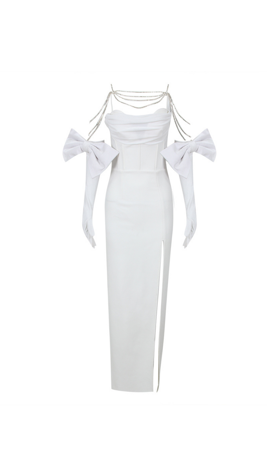 WHITE BACK BANDAGE MAXI DRESS WITH GLOVES