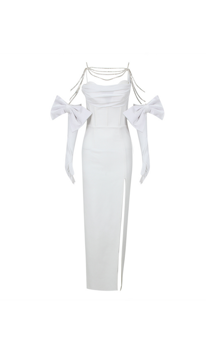 WHITE BACK BANDAGE MAXI DRESS WITH GLOVES