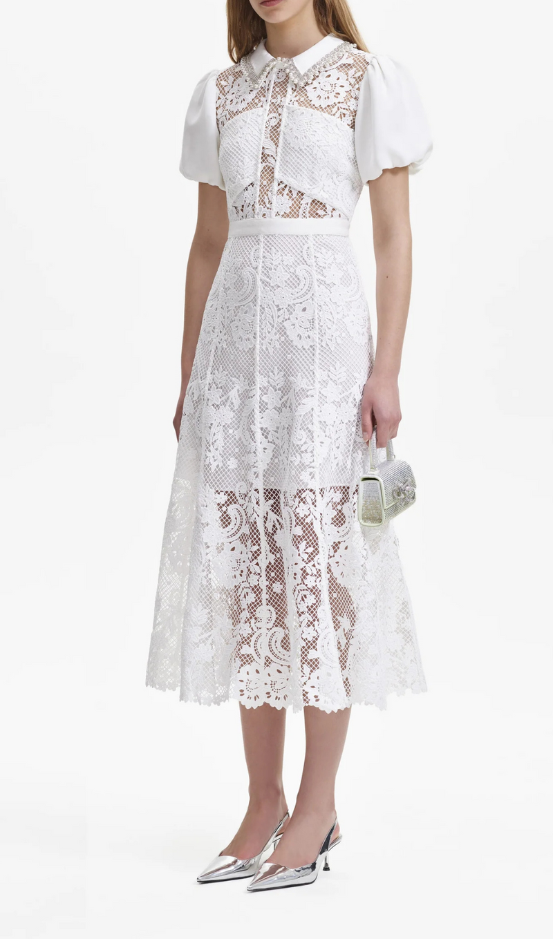 WHITE LACE DIAMANTE COLLAR MIDI DRESS