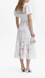 WHITE LACE DIAMANTE COLLAR MIDI DRESS