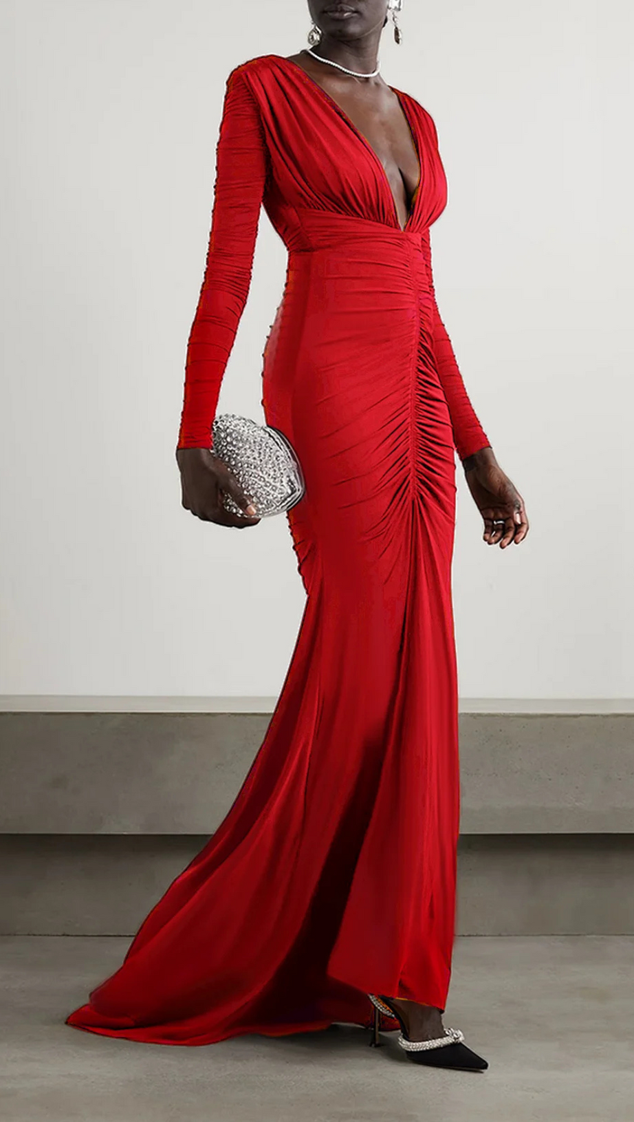 LONG SLEEVE RUCHED MERMAID MAXI DRESS RED