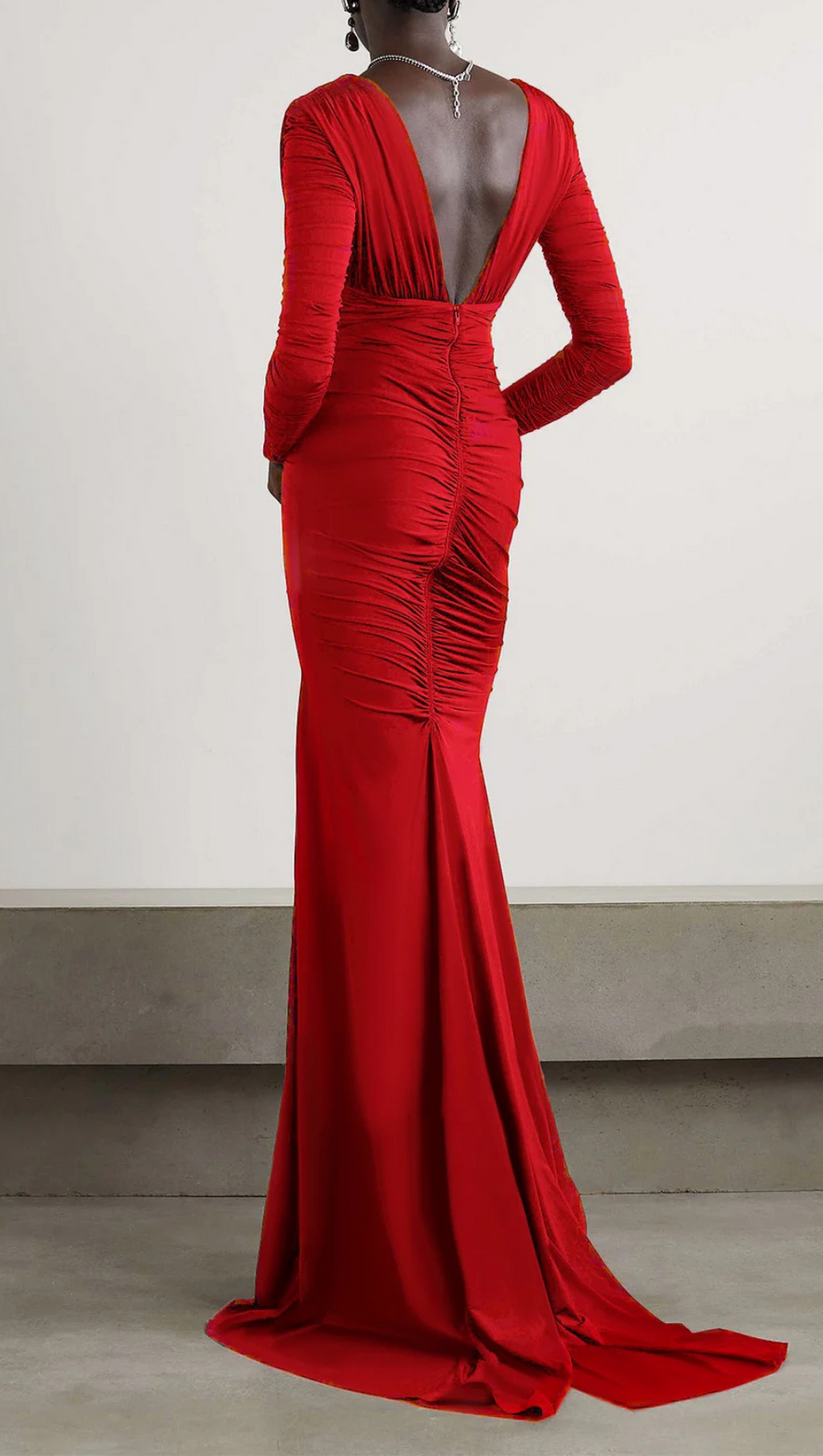 LONG SLEEVE RUCHED MERMAID MAXI DRESS RED