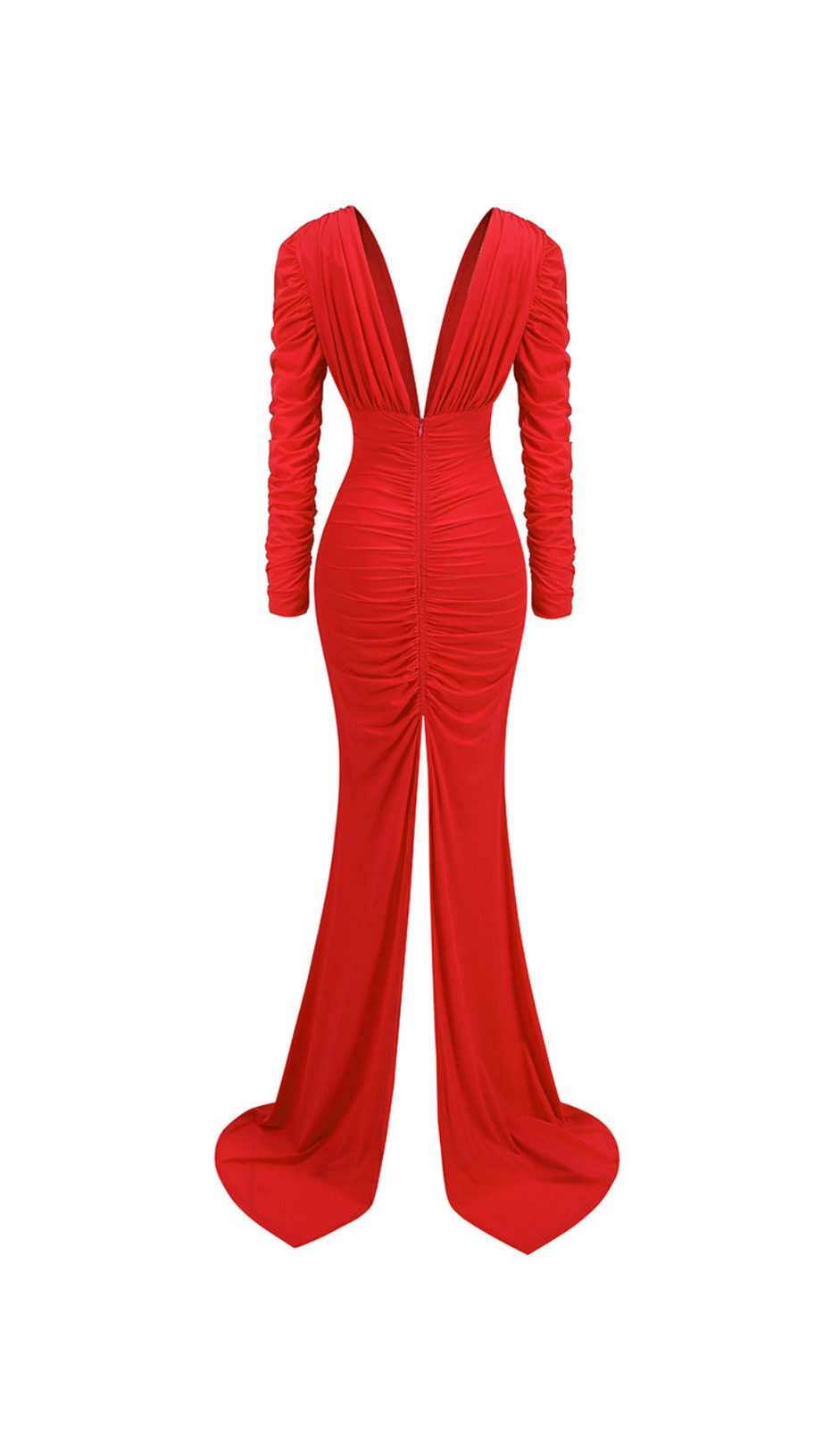 LONG SLEEVE RUCHED MERMAID MAXI DRESS RED