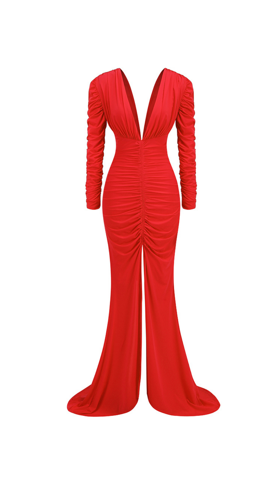 LONG SLEEVE RUCHED MERMAID MAXI DRESS RED