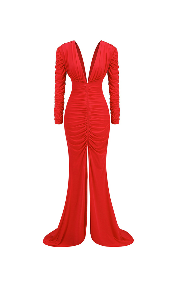 LONG SLEEVE RUCHED MERMAID MAXI DRESS RED