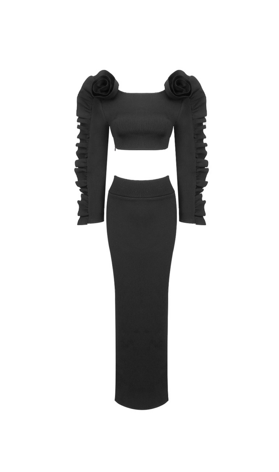 Geripptes, zweiteiliges Maxikleid mit langen Ärmeln und Rüschen in Schwarz