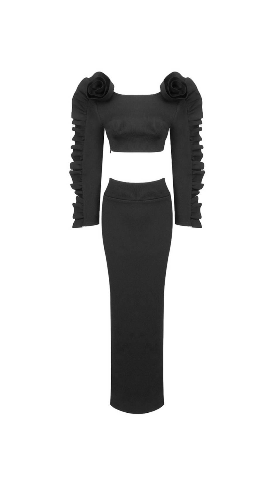 RUFFLE LONG SLEEVE RIBBED TWO PIECE MAXI DRESS BLACK