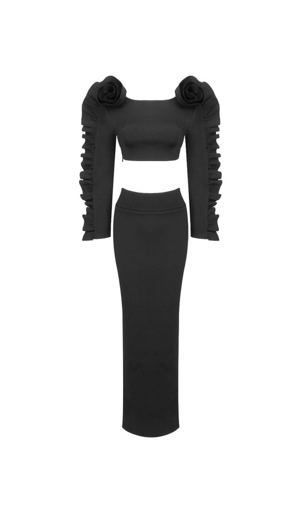 RUFFLE LONG SLEEVE RIBBED TWO PIECE MAXI DRESS BLACK