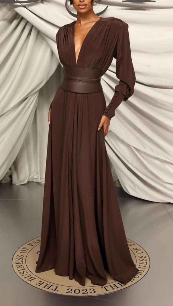 AIIZIE LONG SLEEVE PLUNGE V NECK MAXI DRESS BROWN - product image