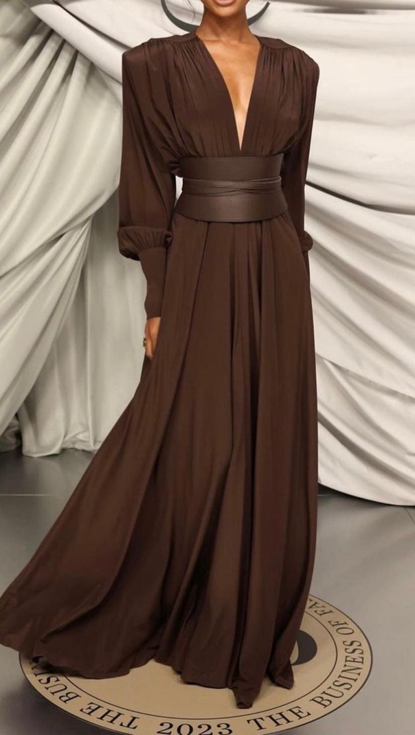 AIIZIE LONG SLEEVE PLUNGE V NECK MAXI DRESS BROWN - product image