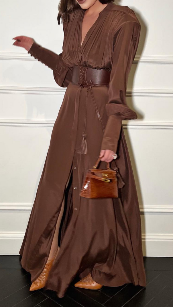 AIIZIE LONG SLEEVE PLUNGE V NECK MAXI DRESS BROWN - product image