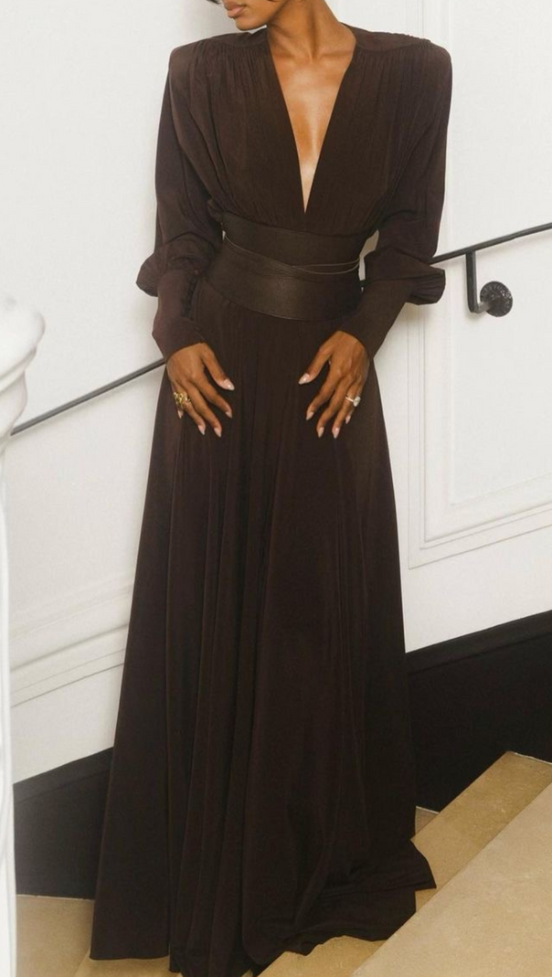 AIIZIE LONG SLEEVE PLUNGE V NECK MAXI DRESS BROWN - product image