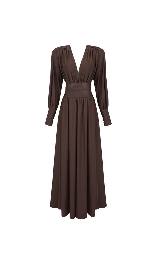 AIIZIE LONG SLEEVE PLUNGE V NECK MAXI DRESS BROWN - product image