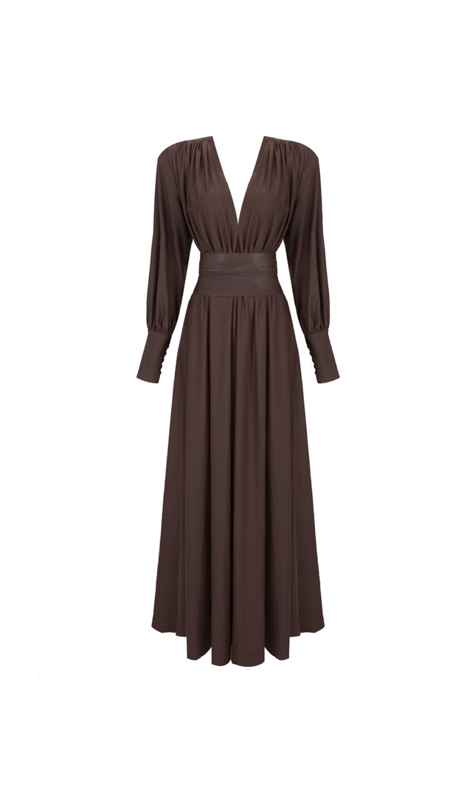 LONG SLEEVE PLUNGE V NECK MAXI DRESS BROWN