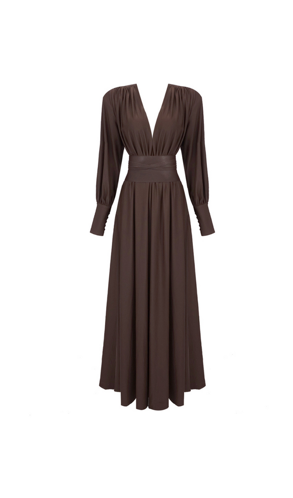 LONG SLEEVE PLUNGE V NECK MAXI DRESS BROWN