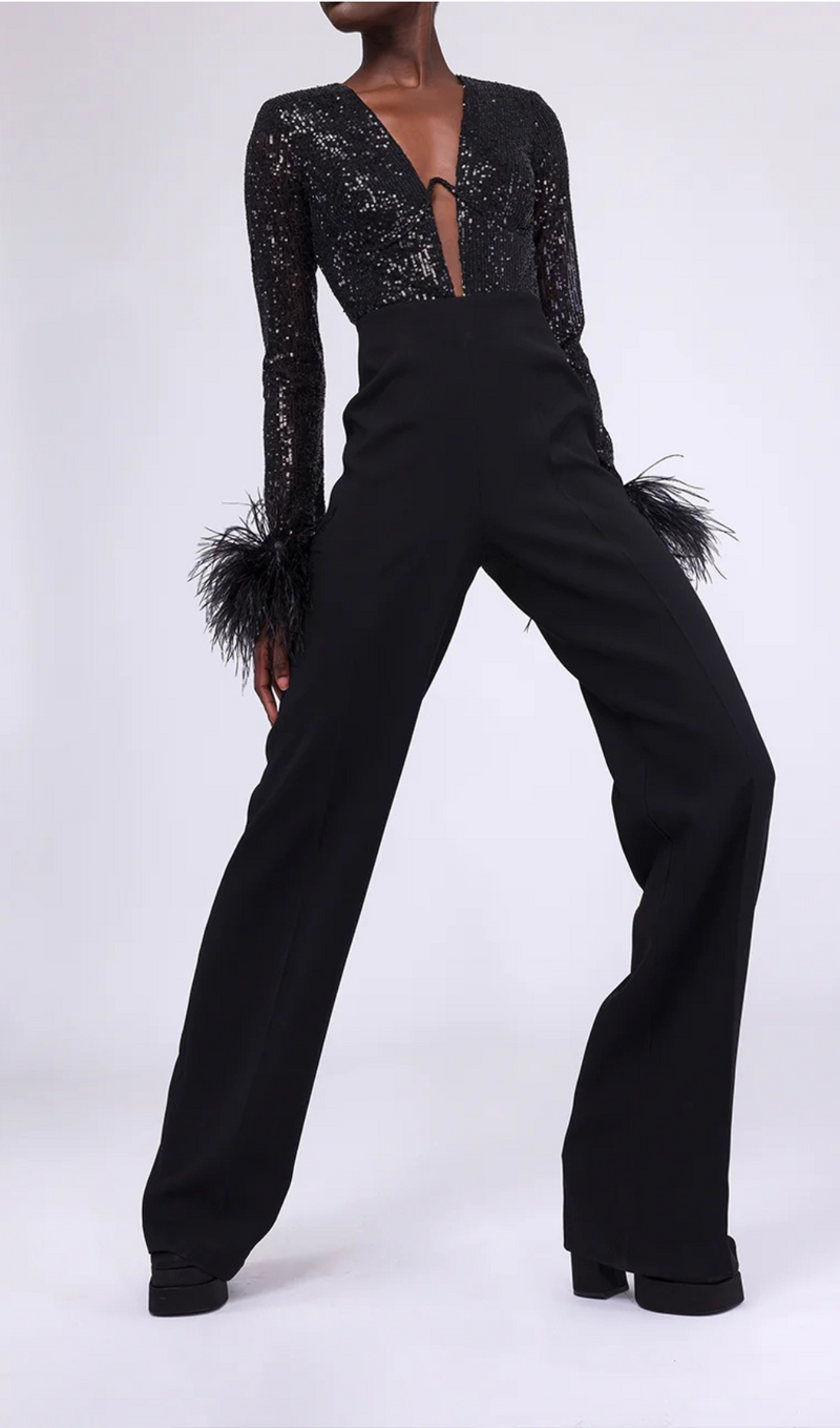 LONG SLEEVE SEQUIN FEATHER JUMPSUIT BLACK